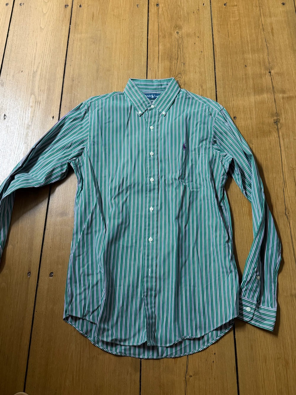Ralph Lauren Green Striped Button-Down Shirt with Purple & White Accents
